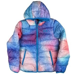 Under Armour Girls Large Puffer Jacket Hooded Blue Pink Galaxy Full Zip